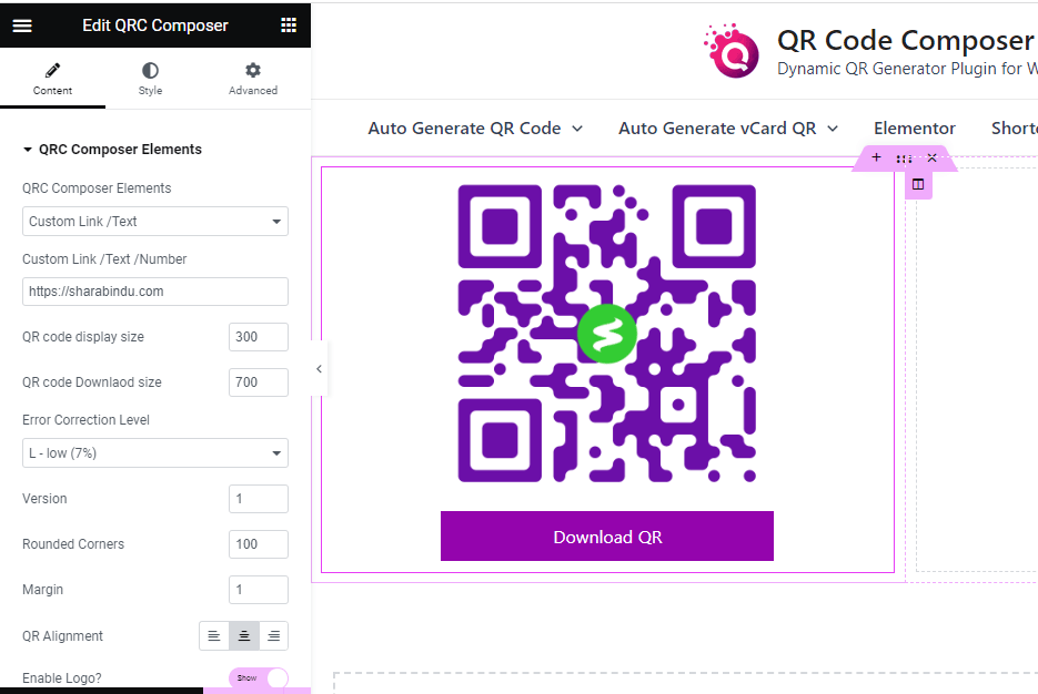 QR code generate with elementor
