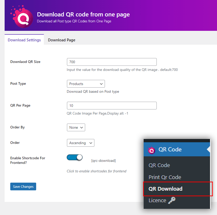 QR code Download Settings