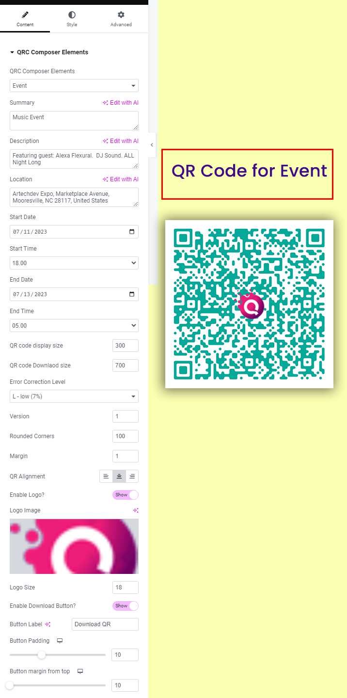 QR event for elementor