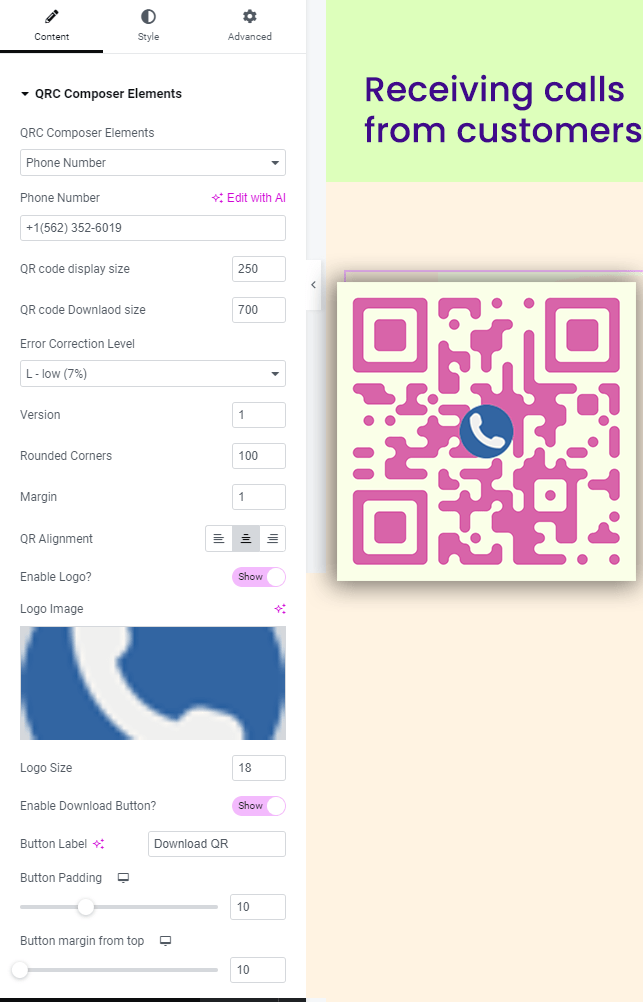 QR for Phone number (Elementor)