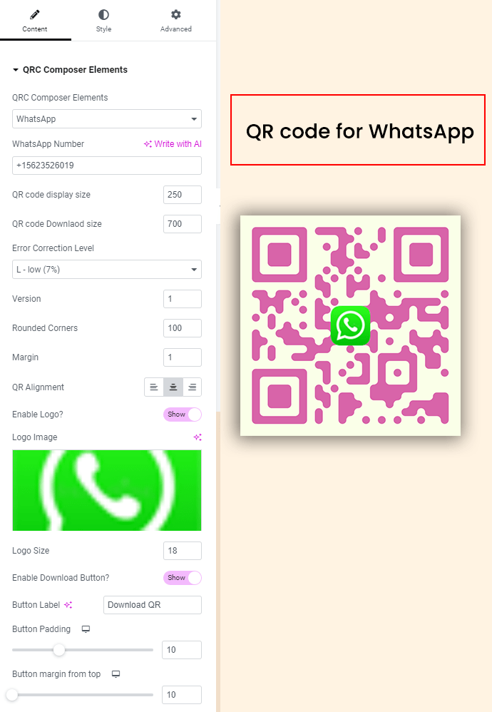 WhatsApp QR code from elementor